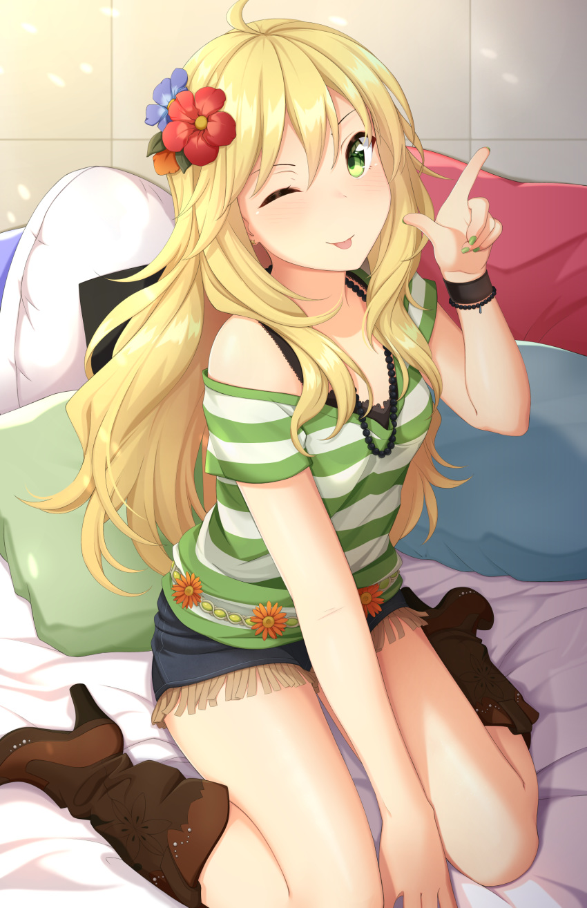 1girl absurdres ahoge bare_shoulders bed belt between_legs blonde_hair blush boots bra_strap denim denim_shorts earrings finger_gun flower food_themed_pillow green_eyes green_nails hair_flower hair_ornament hand_between_legs high_heels highres hoshii_miki idolmaster idolmaster_(classic) jewelry lace leather leather_boots long_hair nail_polish necklace on_bed one_eye_closed pillow short_shorts shorts sitting solo star star_earrings tile_wall tiles tiri tongue tongue_out wariza