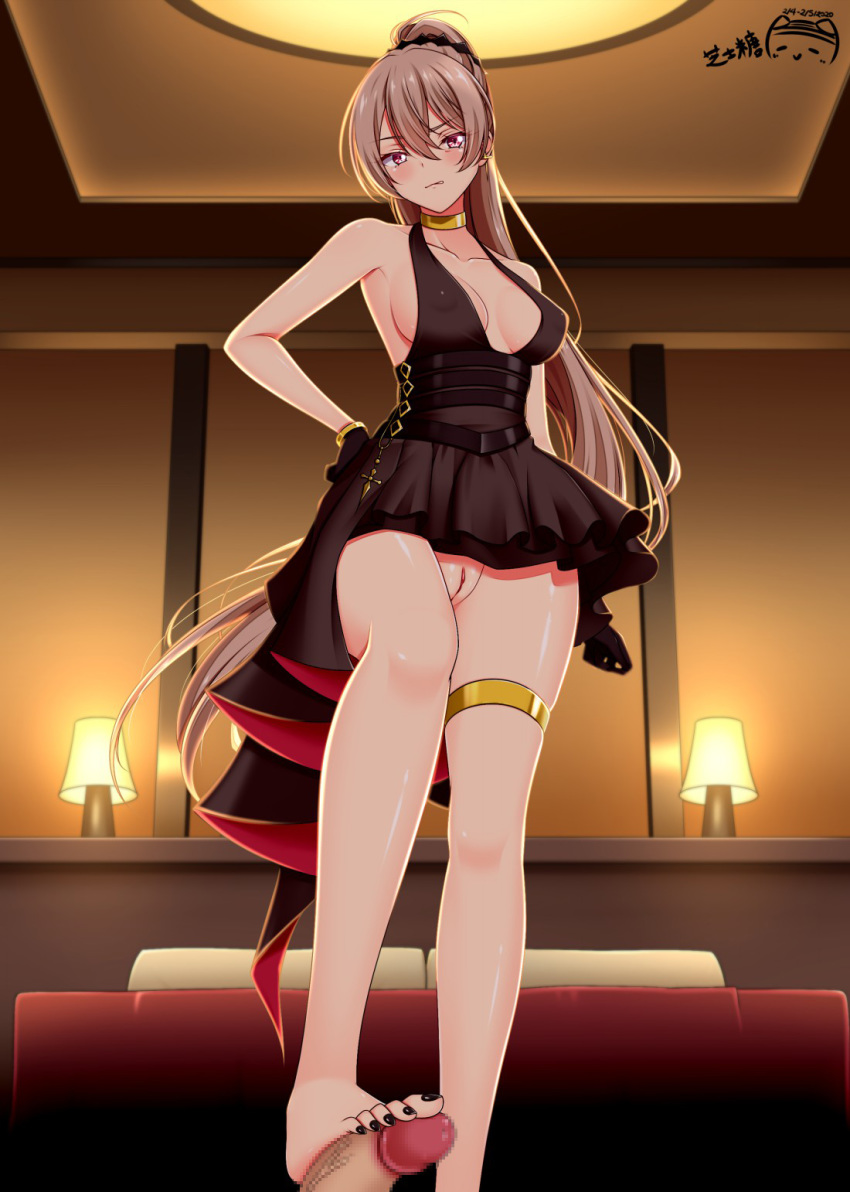 1boy 1girl azur_lane bangs bare_shoulders bed bedroom black_gloves black_nails blonde_hair blush breasts censored cleavage closed_mouth cocktail_dress commentary_request commission dress erection evening_gown footjob gloves gold_bracelet gold_choker hair_between_eyes halter_dress hand_on_hip hetero high_ponytail highres indoors jean_bart_(azur_lane) jean_bart_(uninhibited_bloodstone)_(azur_lane) lampshade large_breasts long_hair lying mosaic_censoring no_panties on_back out_of_frame penis pillow ppshex pussy red_eyes sidelocks skirt stepped_on thighlet toenail_polish upskirt very_long_hair