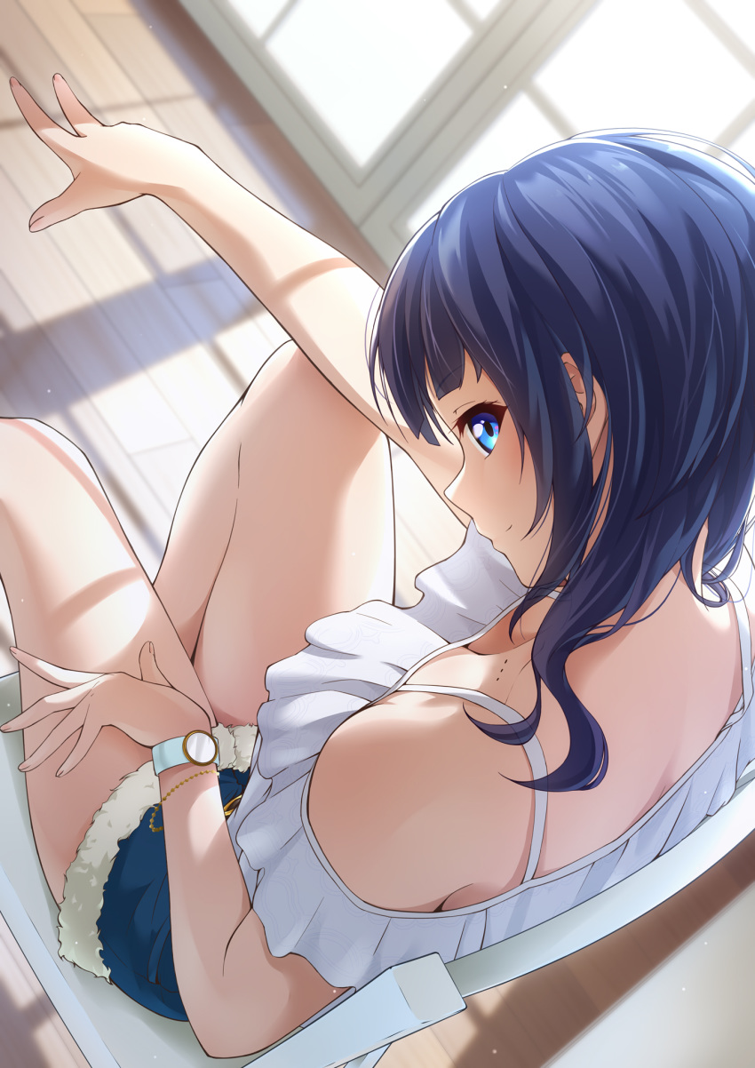 1girl asaka_karin bangs bare_shoulders blue_eyes blue_hair blunt_bangs blush breasts camisole chair cleavage closed_mouth commentary_request cutoffs day downblouse eyebrows_visible_through_hair frills from_above from_side highres indoors looking_at_viewer looking_to_the_side love_live! love_live!_school_idol_project medium_breasts nape prbili profile short_shorts shorts sideways_glance sitting smile solo sunlight watch window_shade wristwatch