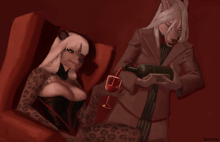 alcohol beverage big_breasts breasts butler canid canine clothing corset domestic_cat felid feline felis fox hair hi_res kynthia kynthia_nightfire kytecat lingerie long_hair mammal mindy pantherine shintori silver_hair sketch snow_leopard topwear wine