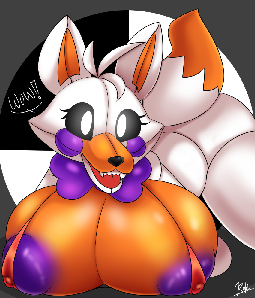 2020 absurd_res animatronic anthro areola big_breasts bikini black_sclera breasts canid canine canis clothing female five_nights_at_freddy's five_nights_at_freddy's_world fox hi_res huge_breasts lolbit_(fnaf) looking_at_viewer machine mammal nic-m-lyc nipples purple_nipples robot sister_location smile solo swimwear video_games white_body