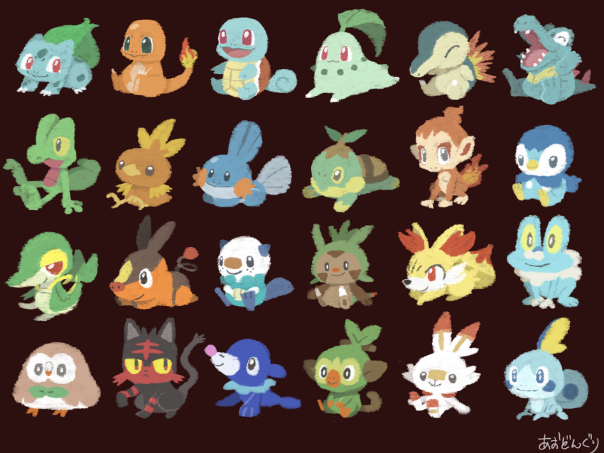 aodonguri bird black_eyes bulbasaur bunny cat charmander chespin chikorita chimchar closed_eyes closed_mouth commentary_request cyndaquil fennekin fiery_tail fire flame froakie frown full_body gen_1_pokemon gen_2_pokemon gen_3_pokemon gen_4_pokemon gen_5_pokemon gen_6_pokemon gen_7_pokemon gen_8_pokemon grookey happy litten looking_at_viewer monkey mudkip piplup pokemon popplio red_eyes rowlet scorbunny signature sitting smile snivy sobble squirtle standing starter_pokemon starter_pokemon_trio tail tepig torchic totodile treecko turtwig yellow_eyes