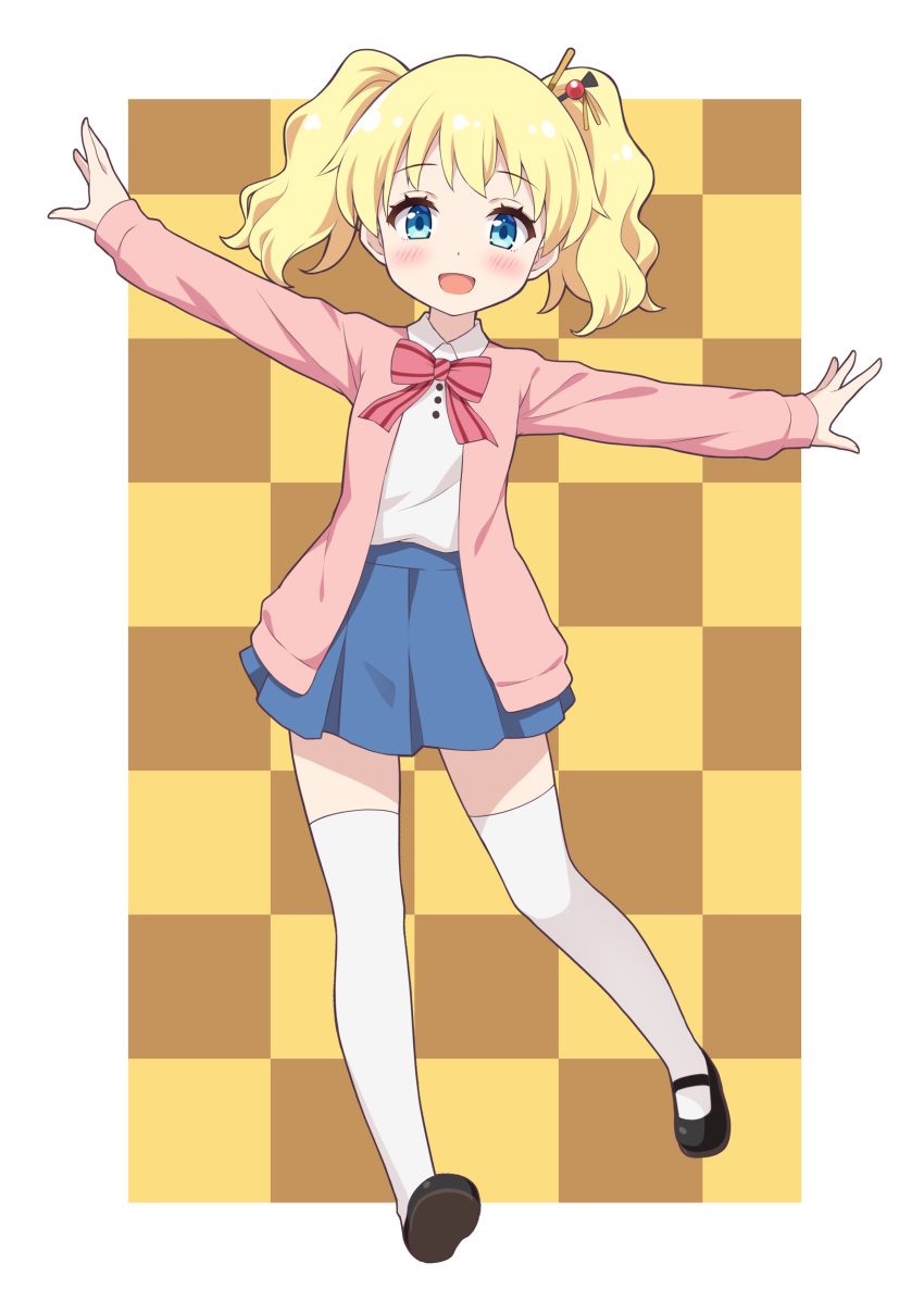 1girl absurdres alice_cartelet black_footwear blonde_hair blue_eyes blue_skirt brown_background cardigan checkered checkered_background full_body highres kin-iro_mosaic long_hair mary_janes miniskirt open_mouth outstretched_arms pink_cardigan school_uniform shirt shoes skirt smile solo thighhighs twintails white_legwear white_shirt yamasan