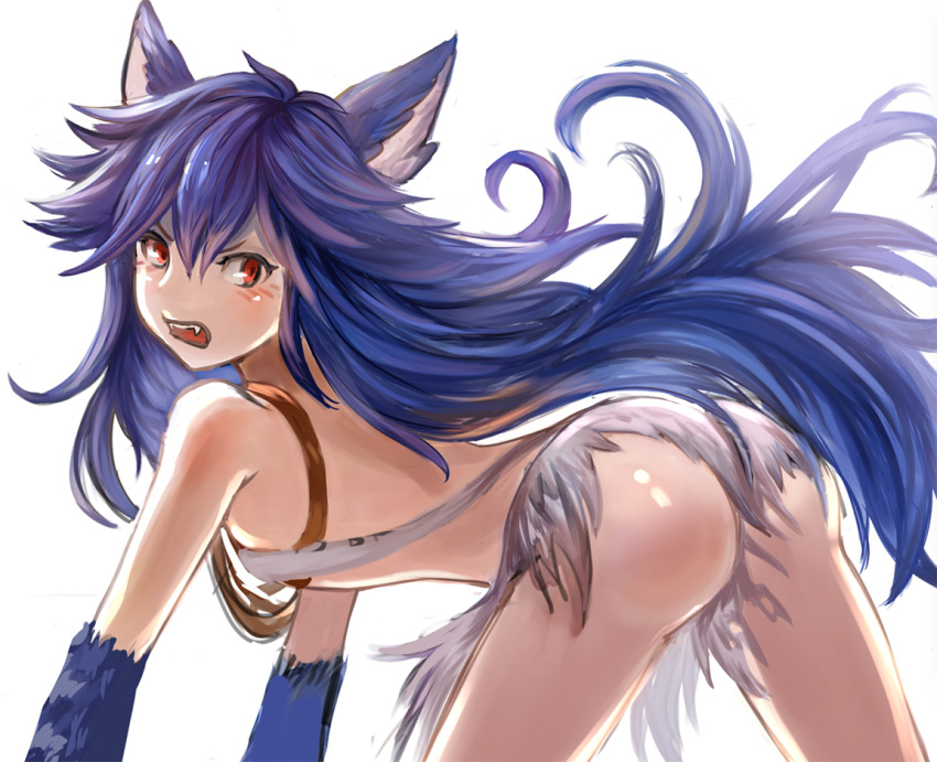 1girl ahoge all_fours animal_ears ass bare_shoulders blue_hair fangs fenrir_(shingeki_no_bahamut) fur granblue_fantasy hair_between_eyes long_hair looking_at_viewer looking_back open_mouth red_eyes ryami simple_background solo upper_teeth v-shaped_eyebrows very_long_hair white_background wolf_ears