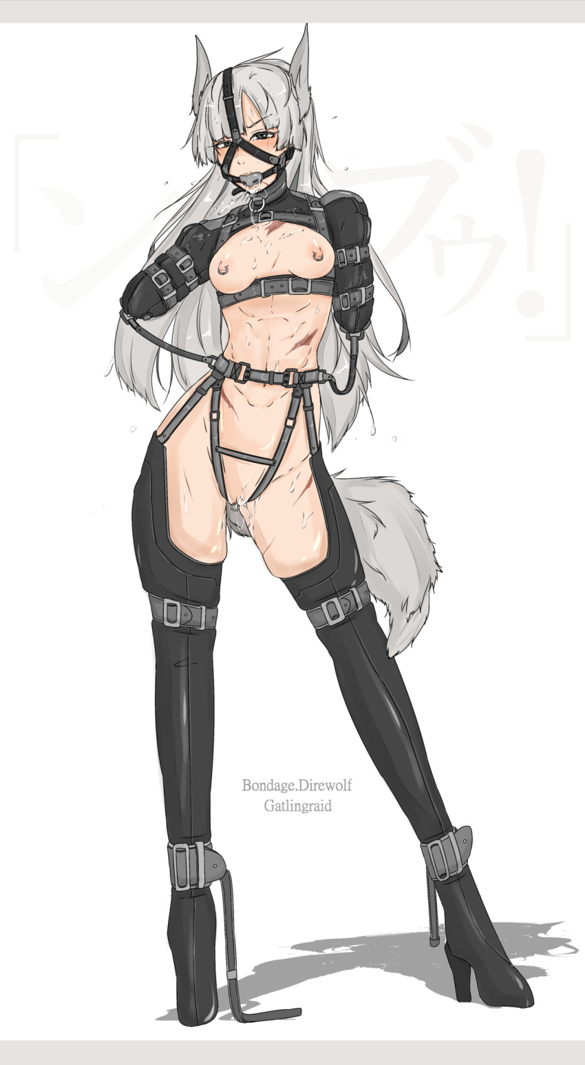 1girl animal_ears ball_gag bdsm bondage bound breasts clitoris_piercing clitoris_ring collar cuffs gag gagged gatling_raid high_heels highres nipple_piercing nipple_rings nipples original piercing pussy pussy_juice saliva silver_hair solo straitjacket sweat tail uncensored wolf_ears wolf_tail