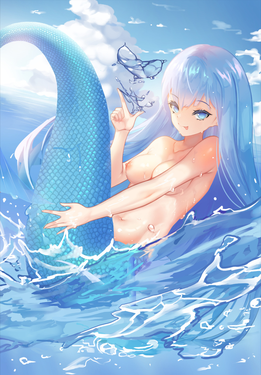 1girl blue_eyes blue_hair breasts highres katekyo_hitman_reborn! long_hair louie_(sun737373) mermaid monster_girl navel nipples nude ocean solo wet