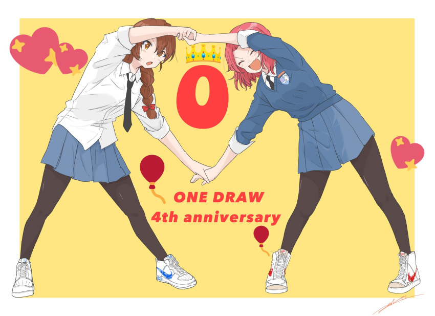 2girls :d artist_name balloon bangs black_legwear black_neckwear blue_skirt blue_sweater braid brown_eyes brown_hair closed_eyes commentary cross-laced_footwear crown dress_shirt emblem emoji english_text facing_viewer fang girls_und_panzer hair_over_shoulder heart highres holding_hands leaning_to_the_side logo long_hair long_sleeves looking_at_viewer loose_necktie medium_hair miniskirt multiple_girls necktie nike open_mouth outside_border pantyhose pleated_skirt red_hair rosehip_(girls_und_panzer) rukuriri_(girls_und_panzer) school_uniform shirt shoes signature single_braid skin_fang skirt sleeves_rolled_up smile sneakers st._gloriana's_(emblem) st._gloriana's_school_uniform standing sweater symmetrical_hand_pose untucked_shirt v-neck white_shirt wing_collar yellow_background zono_(inokura_syuzo029)