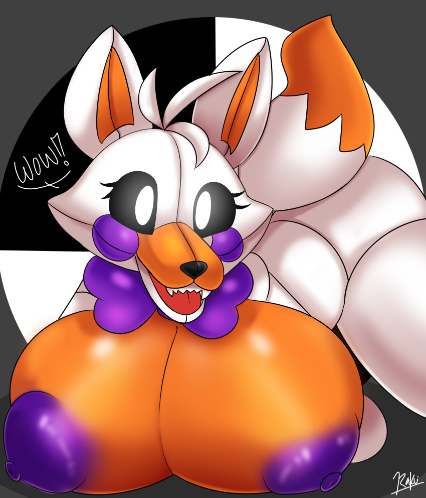 2020 absurd_res animatronic anthro areola big_breasts black_sclera breasts canid canine canis female five_nights_at_freddy's five_nights_at_freddy's_world fox hi_res huge_breasts lolbit_(fnaf) looking_at_viewer machine mammal nic-m-lyc nipples nude purple_nipples robot sister_location smile solo video_games white_body