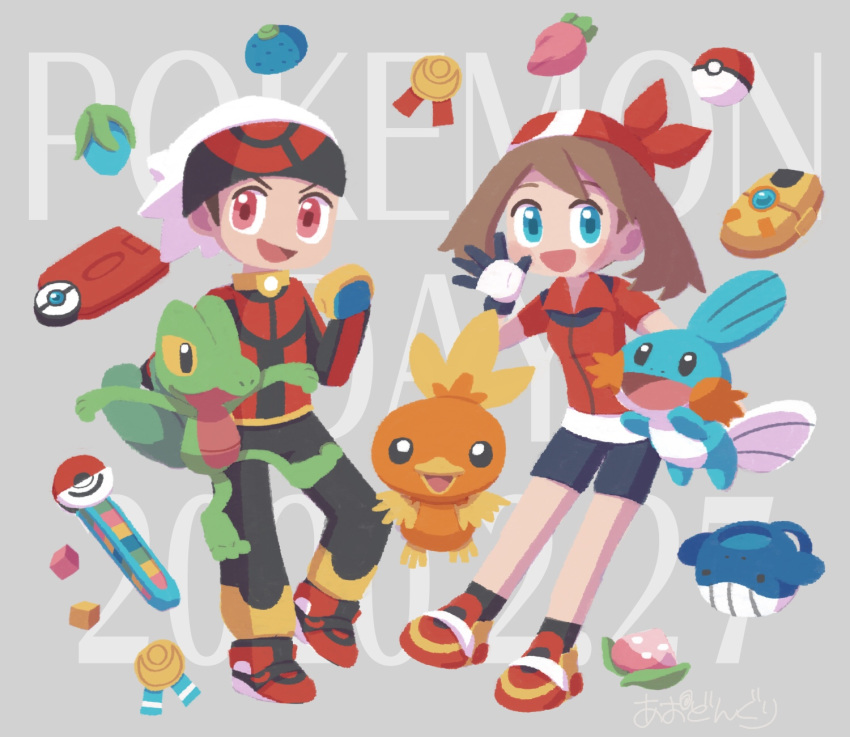 1boy 1girl :d aodonguri berry_(pokemon) bird black_legwear blue_eyes breasts commentary_request creature gen_3_pokemon gloves haruka_(pokemon) highres jumping long_sleeves medal mudkip open_mouth oran_berry pecha_berry persim_berry poke_ball poke_ball_(generic) pokeblock pokeblock_case pokedex pokemon pokemon_(creature) pokemon_(game) pokemon_rse pokenav rawst_berry shoes short_sleeves small_breasts smile socks starter_pokemon starter_pokemon_trio torchic treecko wailmer wailmer_pail yellow_eyes yuuki_(pokemon)