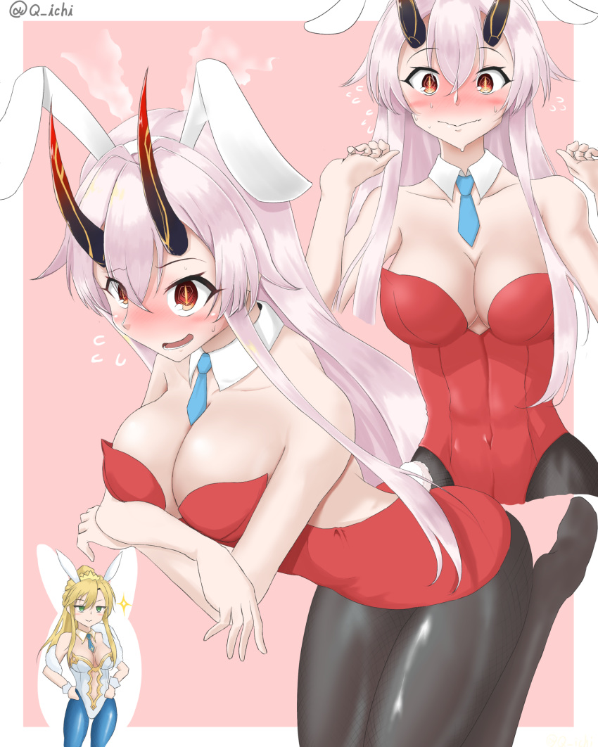 2girls alternate_costume animal_ears artoria_pendragon_(all) artoria_pendragon_(swimsuit_ruler)_(fate) bare_shoulders black_legwear blonde_hair blue_legwear blue_neckwear blush border breasts bunnysuit chibi chibi_inset cleavage collarbone commentary_request crossed_arms detached_collar eyebrows_visible_through_hair fake_animal_ears fate/grand_order fate_(series) full-face_blush green_eyes hair_between_eyes hands_on_hips hands_up highres large_breasts leaning_forward leotard long_hair multiple_girls multiple_views necktie oni_horns pantyhose pink_background pink_hair red_eyes red_leotard short_necktie steaming_body sweat sweatdrop sweating_profusely tomoe_gozen_(fate/grand_order) tsuchinari_yumiichi twitter_username wavy_mouth white_border white_leotard