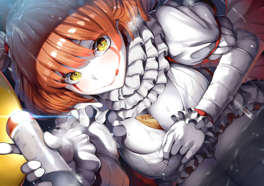 1girl bangs banned_artist belko between_breasts bishoujo_terror blush breasts cleavage clown dress facepaint frills gloves highres juliet_sleeves large_breasts leaning_forward licking_lips long_sleeves looking_at_viewer lotion_bottle orange_hair puffy_sleeves short_hair sweat tongue tongue_out white_dress white_gloves yellow_eyes