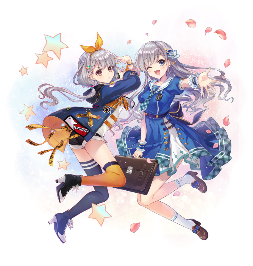 2girls absurdres bag bangs blue_dress blue_eyes boots braid brown_eyes commentary dress full_body grey_hair hair_ribbon hairband high_heel_boots high_heels highres hisakawa_hayate hisakawa_nagi holding holding_microphone hood hooded_jacket idolmaster idolmaster_cinderella_girls idolmaster_cinderella_girls_starlight_stage iku2727 jacket loafers long_hair looking_at_viewer low_twintails microphone mismatched_legwear multiple_girls one_eye_closed petals puffy_short_sleeves puffy_sleeves ribbon sailor_collar school_bag school_uniform shoes short_sleeves shorts siblings sisters socks star thighhighs twins twintails v white_legwear