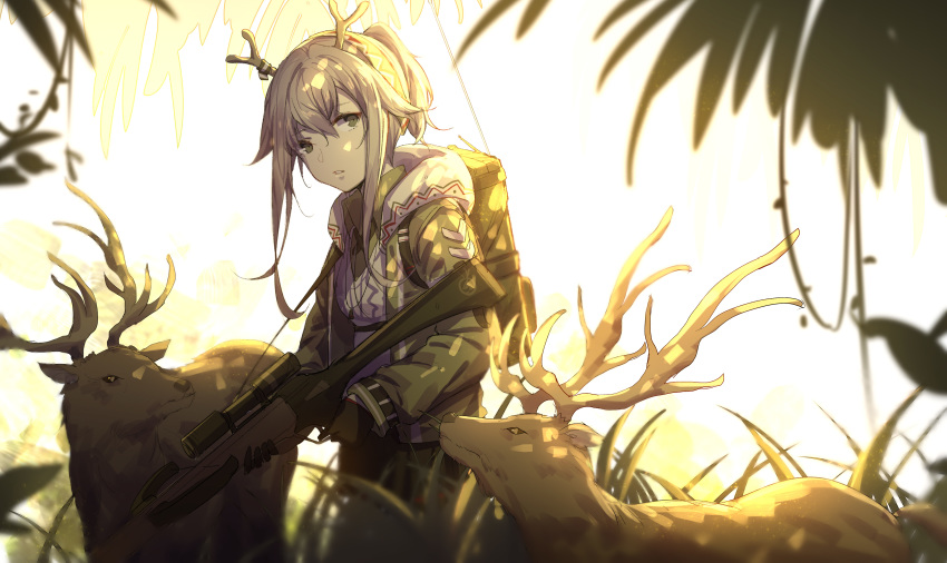 1girl absurdres antlers arknights bangs black_gloves bow_(weapon) bowl commentary_request cowboy_shot crossbow elk firewatch_(arknights) gloves grey_eyes grey_hair grey_jacket hair_between_eyes highres holding holding_bowl jacket long_hair long_sleeves looking_at_viewer parted_lips ponytail weapon yumuto_(spring1786)