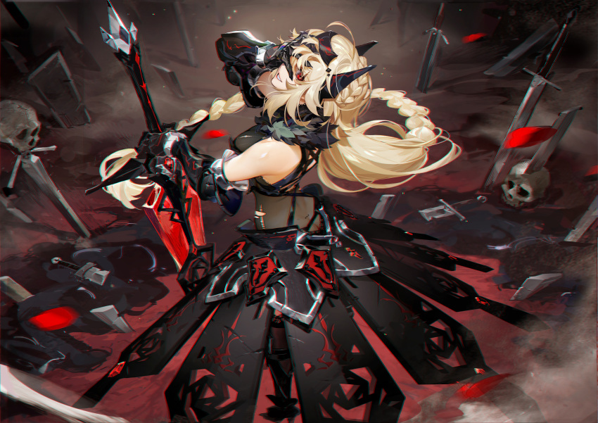 1girl absurdres blonde_hair braid braided_ponytail butt_crack circlet from_above gauntlets han-0v0 hand_on_own_face highres horns long_hair looking_at_viewer original red_eyes skirt skull solo sword thighhighs weapon