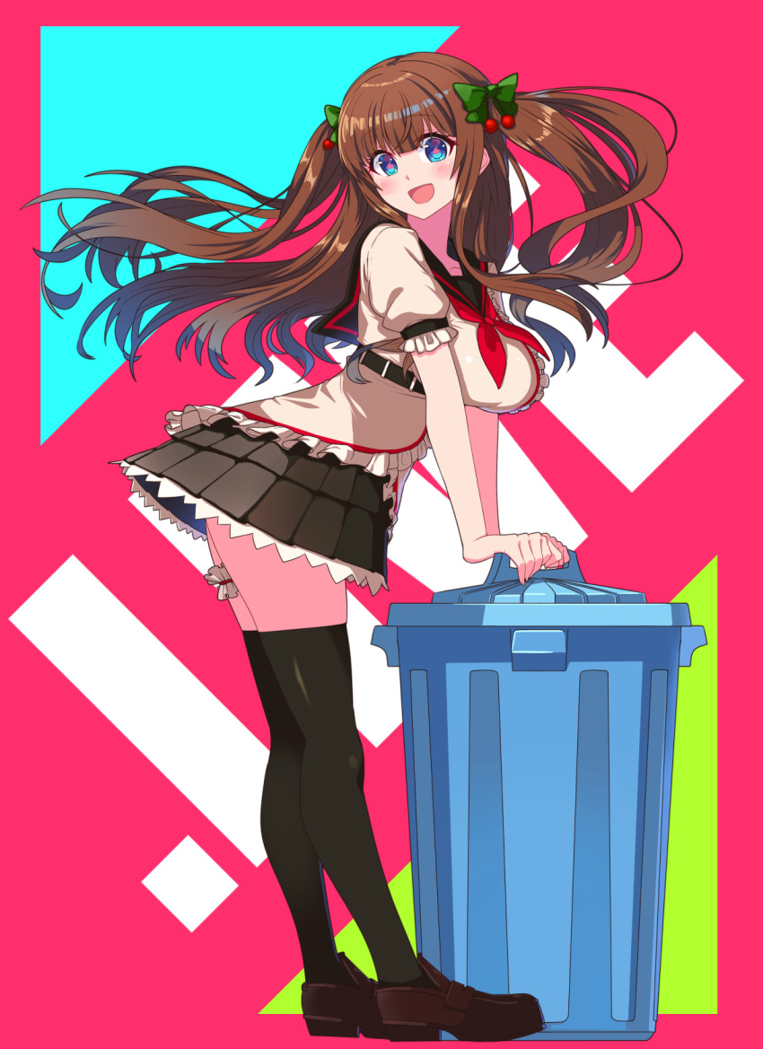 .live 1girl belt black_legwear blue_eyes brown_hair full_body hair_ornament highres kakyouin_chieri looking_at_viewer looking_to_the_side rune_(ru-nn) school_uniform solo thighhighs trash_can virtual_youtuber