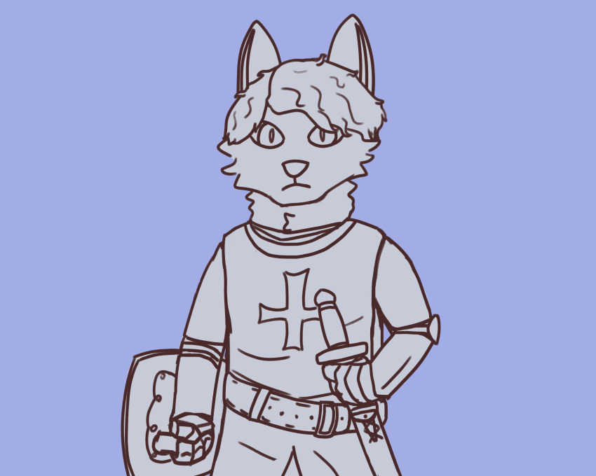 5:4 anthro armor belt canid canine canis cross gongwool_(artist) hi_res holding_object holding_weapon knight looking_at_viewer male mammal melee_weapon simple_background simple_coloring solo warrior weapon wolf