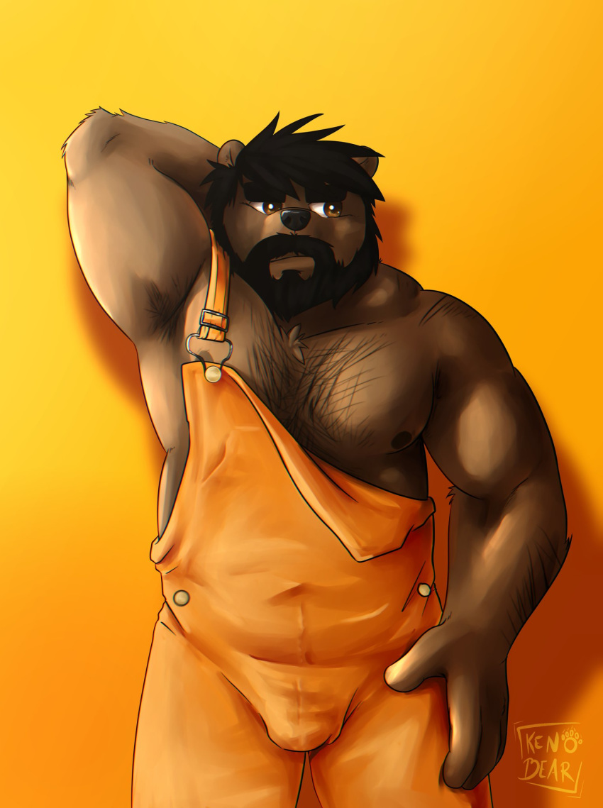 2020 anthro beard belly brown_body brown_fur bulge clothing facial_hair fur hairy hi_res humanoid_hands kenobear male mammal overalls simple_background slightly_chubby solo ursid yellow_background