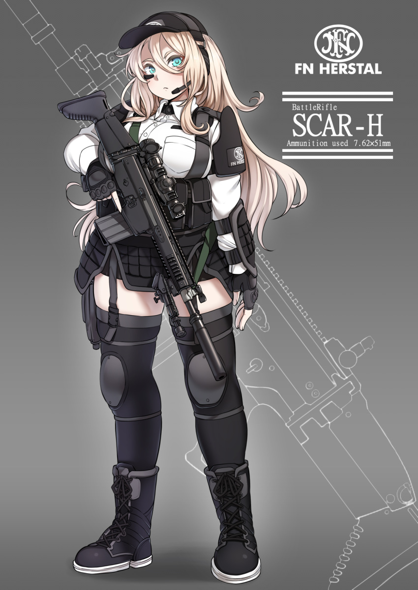 1girl assault_rifle blonde_hair blue_eyes breasts curvy fn_herstal fn_scar gun highres knee_pads large_breasts load_bearing_vest looking_at_viewer original personification rifle ryuun_(stiil) scope solo stanag_magazine thighhighs trigger_discipline weapon wide_hips