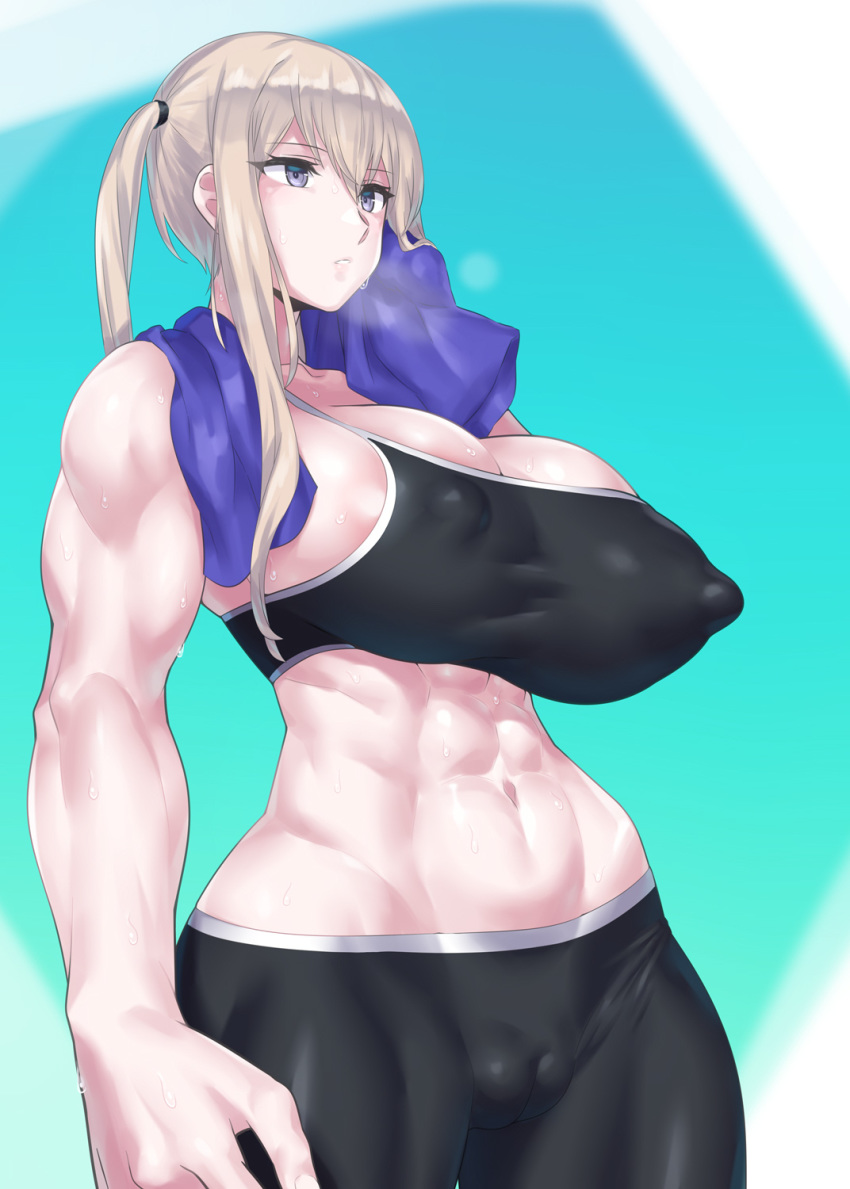 1girl abs alternate_breast_size biceps bike_shorts black_bra black_sports_bra blonde_hair bra breasts cameltoe cleavage commentary_request covered_nipples graf_zeppelin_(kantai_collection) grey_eyes highres impossible_clothes kantai_collection large_breasts midriff mizuumi_(bb) muscle muscular_female navel puffy_nipples solo sports_bra sportswear tsurime twintails underwear