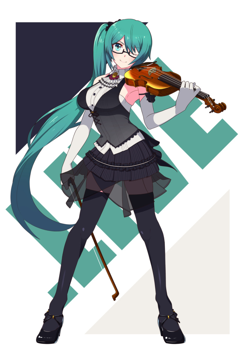 .live armpits black_legwear breasts commentary_request detached_sleeves full_body glasses green_eyes highres instrument kagura_suzu_(.live) large_breasts long_hair one_eye_closed rune_(ru-nn) side_ponytail thighhighs violin virtual_youtuber