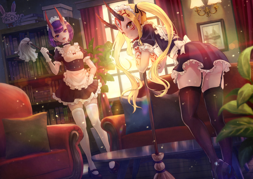 2girls alternate_costume apron ass backlighting bangs black_dress black_footwear black_legwear blonde_hair blush bob_cut bookshelf breasts broom coffee_table collarbone couch curtains cushion dress duster enmaided eyeliner facial_mark fang fang_out fate/grand_order fate_(series) forehead forehead_mark fou_(fate/grand_order) frills garter_straps gloves hair_pulled_back highres horns ibaraki_douji_(fate/grand_order) long_hair looking_at_viewer maid maid_headdress makeup multiple_girls oni oni_horns open_mouth picture_frame plant pointy_ears potted_plant puffy_short_sleeves puffy_sleeves purple_eyes purple_hair riyo_(lyomsnpmp)_(style) short_eyebrows short_hair short_sleeves shuten_douji_(fate/grand_order) sidelocks skin-covered_horns small_breasts tattoo thighhighs tsukizaki_shizuka twintails waist_apron white_apron white_gloves white_legwear window wrist_cuffs yellow_eyes