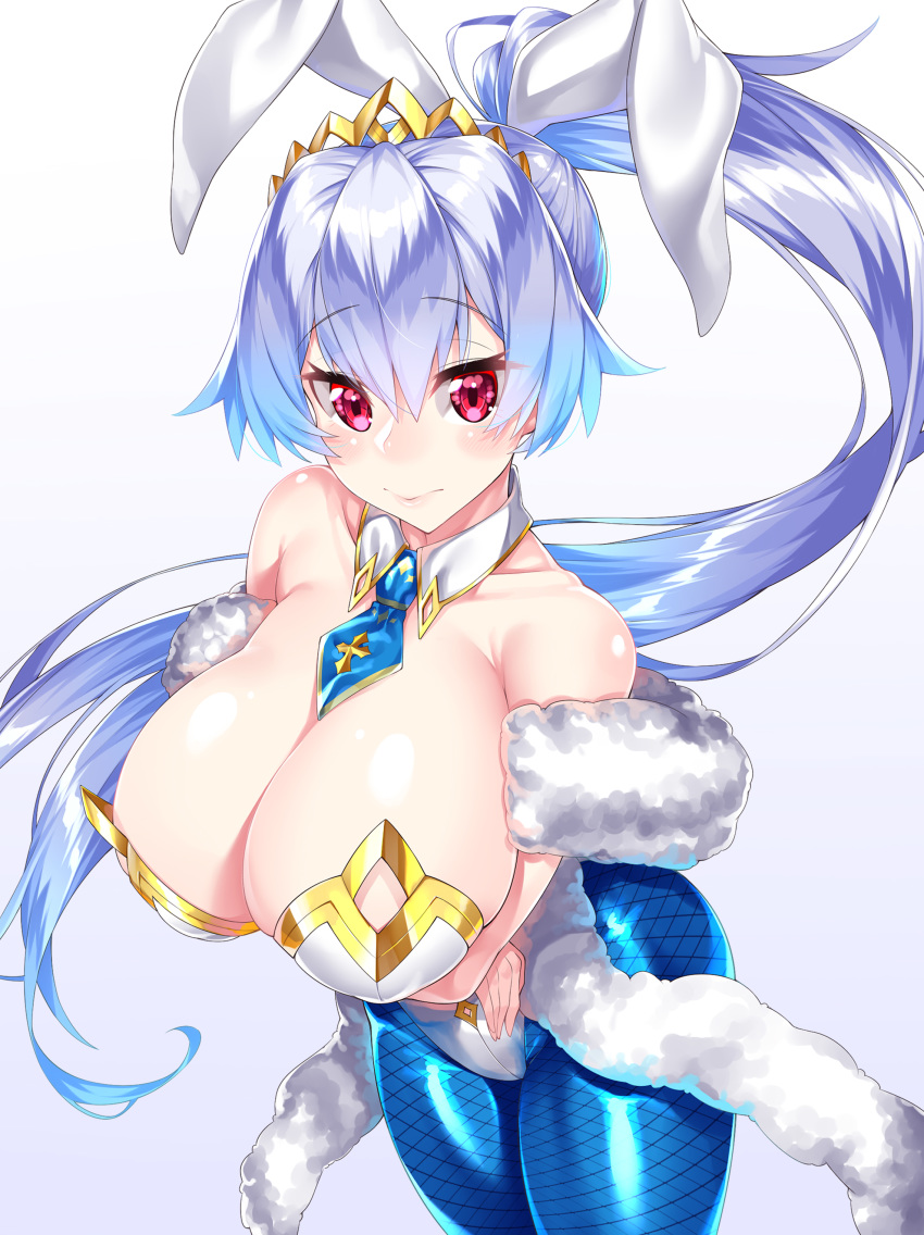 1girl absurdres animal_ears arms_under_breasts artoria_pendragon_(all) artoria_pendragon_(lancer) artoria_pendragon_(swimsuit_ruler)_(fate) artoria_pendragon_(swimsuit_ruler)_(fate)_(cosplay) bangs bare_shoulders blue_legwear blue_neckwear blush breasts bunny_ears bunnysuit cleavage closed_mouth collarbone cosplay crossed_arms detached_collar fate/grand_order fate_(series) feather_boa fishnet_legwear fishnets gradient gradient_background highleg highleg_leotard highres large_breasts leotard long_hair looking_at_viewer necktie ponytail red_eyes silver_hair thighs tiara tomoe_gozen_(fate/grand_order) very_long_hair watosu white_leotard wrist_cuffs