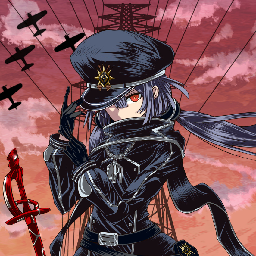 1girl aircraft airplane belt black_gloves black_scarf blackdeeno boat duel_monster gloves grey_hair hat_over_one_eye highres looking_at_viewer red_eyes scarf sky_striker_ace_-_roze uniform watercraft yuu-gi-ou