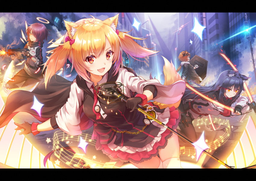 4girls :d ahoge animal_ears arknights black_gloves black_jacket blonde_hair building cityscape croissant_(arknights) exusiai_(arknights) gloves gun halo highres holding holding_gun holding_weapon jacket kriss_vector letterboxed long_hair looking_at_viewer microphone multiple_girls musical_note open_mouth originium_(arknights) outdoors penguin_logistics_(arknights) red_eyes red_hair riot_shield short_hair smile sora_(arknights) submachine_gun sword tail texas_(arknights) thighhighs toki_(toki_ship8) twintails weapon white_legwear wolf_ears wolf_tail zettai_ryouiki