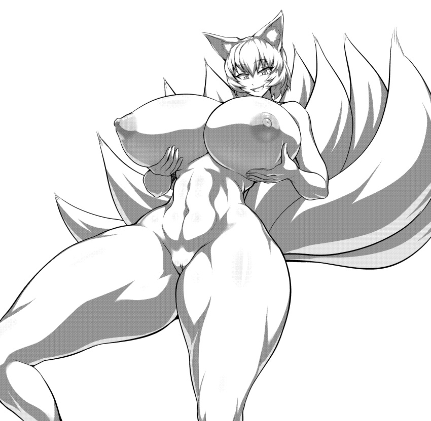 9_tails absurd_res animal_humanoid areola big_breasts black_and_white breasts canid canid_humanoid canine canine_humanoid curvaceous curvy_figure female fox_humanoid genitals greyscale hair hi_res holding_breast huge_breasts humanoid inner_ear_fluff jadf light_skin looking_at_viewer mammal mammal_humanoid monochrome monotone_hair multi_tail navel nipples nude open_mouth open_smile pussy ran_yakumo short_hair smile solo standing thick_thighs touhou tuft video_games voluptuous wide_hips