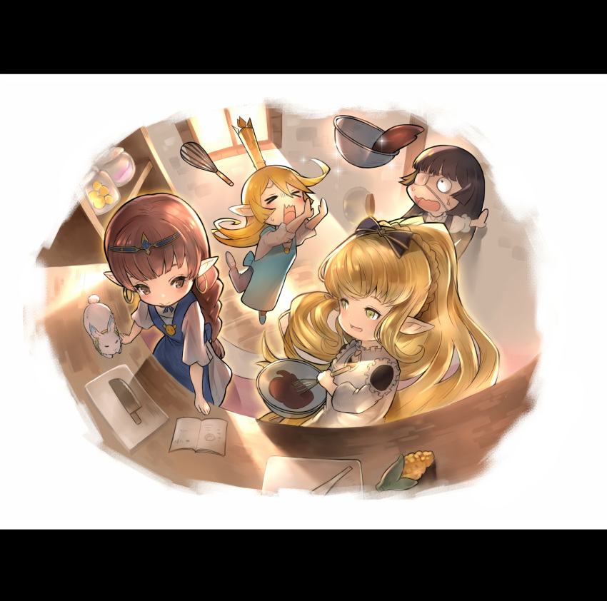 4girls apron black_hair blonde_hair braid brown_hair bunny charlotta_fenia chocolate corn crown eyepatch granblue_fantasy haaselia harvin highres kitchen kitchen_knife long_hair lunalu_(granblue_fantasy) melissabelle multiple_girls pointy_ears ponytail taka00277657 tripping whisk