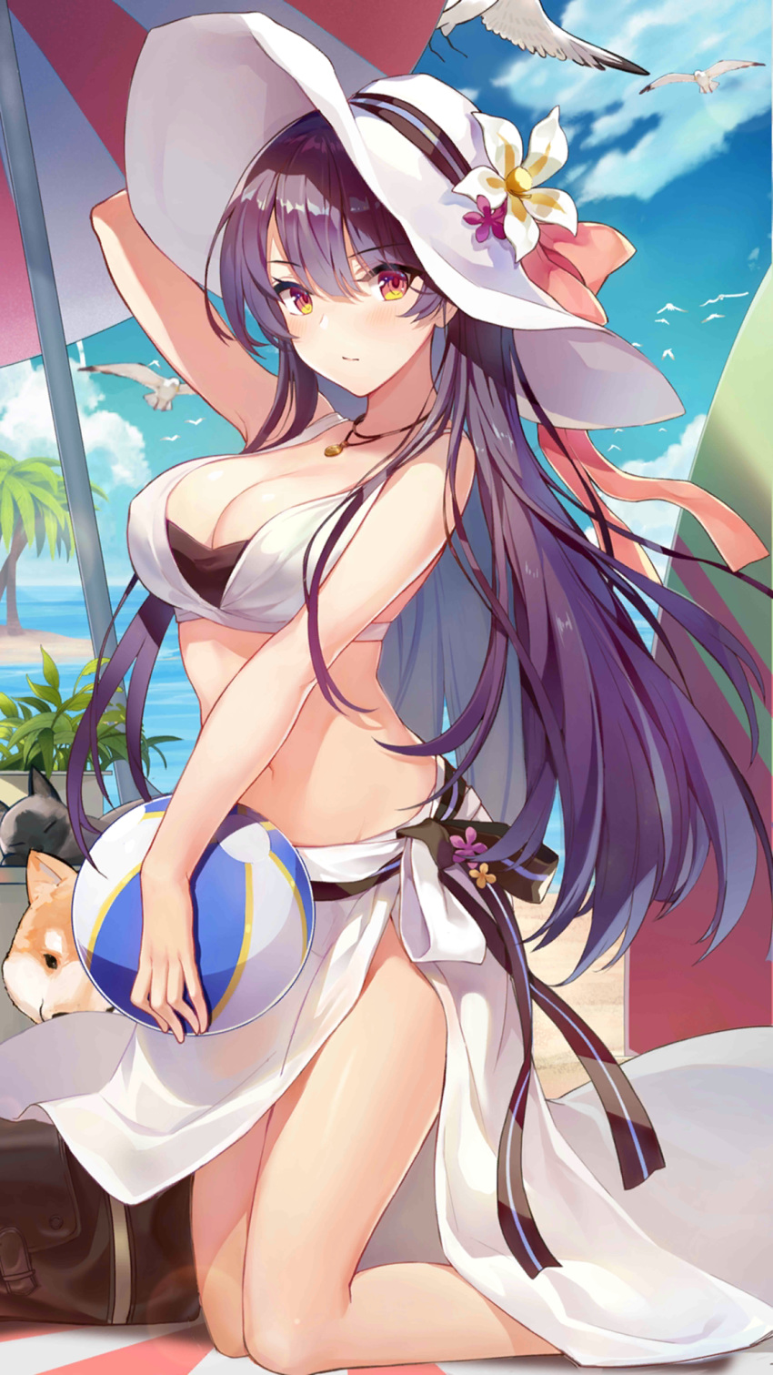 1girl animal arm_up ball bare_arms bare_shoulders beach beach_umbrella beachball bikini bird black_hair breasts cat cleavage cloud covered_nipples criin day dog flower girl_cafe_gun hat hat_flower highres holding jewelry kneeling large_breasts long_hair looking_at_viewer navel necklace official_art orange_eyes outdoors palm_tree plant potted_plant revision sarong seagull shi_wuxia shiba_inu sky solo stomach sun_hat surfboard swimsuit thighs tree umbrella very_long_hair white_bikini white_headwear
