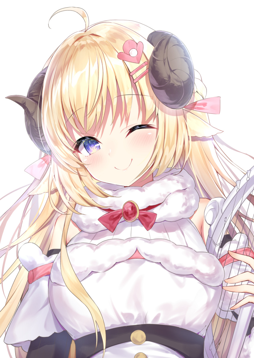 1girl ;) animal_ears arm_cuffs arm_warmers backlighting blonde_hair blush braid breasts brooch closed_mouth commentary_request dress eyebrows_visible_through_hair french_braid fur-trimmed_dress fur_trim hair_ornament hair_ribbon hairclip harp highres hololive horns instrument jewelry large_breasts long_hair looking_at_viewer neck_ribbon one_eye_closed pink_ribbon purple_eyes red_ribbon ribbon sheep_ears sheep_horns simple_background smile solo topia tsunomaki_watame upper_body virtual_youtuber white_background white_dress wool