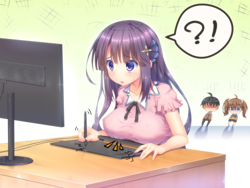 !? 1boy 2girls a.x. ahoge bangs black_ribbon blush blush_stickers breast_rest breasts brown_eyes brown_hair chibi covered_nipples desk drawing_tablet eyebrows_visible_through_hair frilled_sleeves frills hair_ornament highres holding holding_stylus inconvenient_breasts keyboard_(computer) large_breasts long_hair mo_xiaoju monitor multiple_girls nose_blush pink_shirt purple_eyes ribbon shaded_face shirt short_sleeves solo_focus stylus sweatdrop tricolour_lovestory twintails very_long_hair wen_zhi
