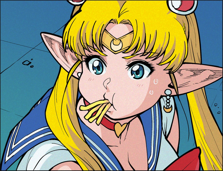 1girl bishoujo_senshi_sailor_moon blonde_hair breasts choker circlet cleavage commentary_request cosplay earrings elf-san_wa_yaserarenai. erufuda-san food food_in_mouth french_fries hair_ornament jewelry long_hair medium_breasts parody pointy_ears red_choker sailor_moon sailor_moon_(cosplay) sailor_moon_redraw_challenge solo sweatdrop synecdoche tsukino_usagi twintails