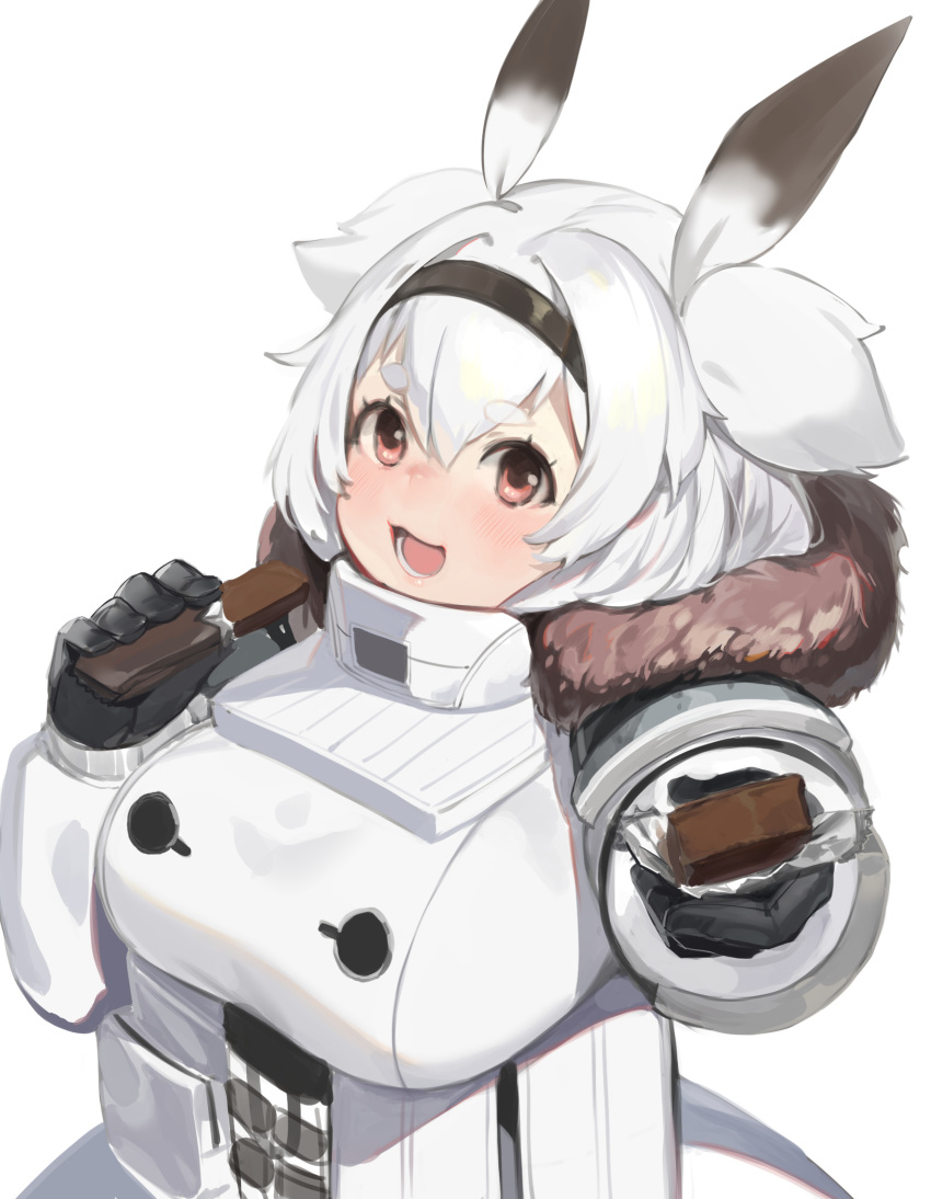 1girl :3 black_gloves breasts candy candy_bar chocolate chocolate_bar food fur_jacket gloves hair_between_eyes hairband highres holding_candy jam_(nandade) large_breasts last_origin open_mouth oppai_loli red_eyes simple_background snickers solo t-13_alvis two_side_up white_background white_hair