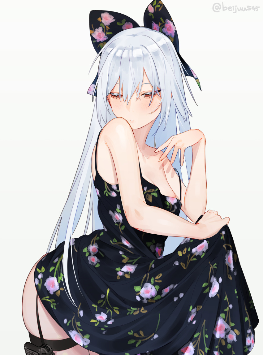1girl absurdres black_dress bow breasts dress dress_lift floral_print girls_frontline hair_between_eyes hair_bow half-closed_eyes highres juz lifted_by_self long_hair red_eyes silver_hair simple_background skindentation sleeveless sleeveless_dress solo thigh_strap tokarev_(girls_frontline) twitter_username white_background