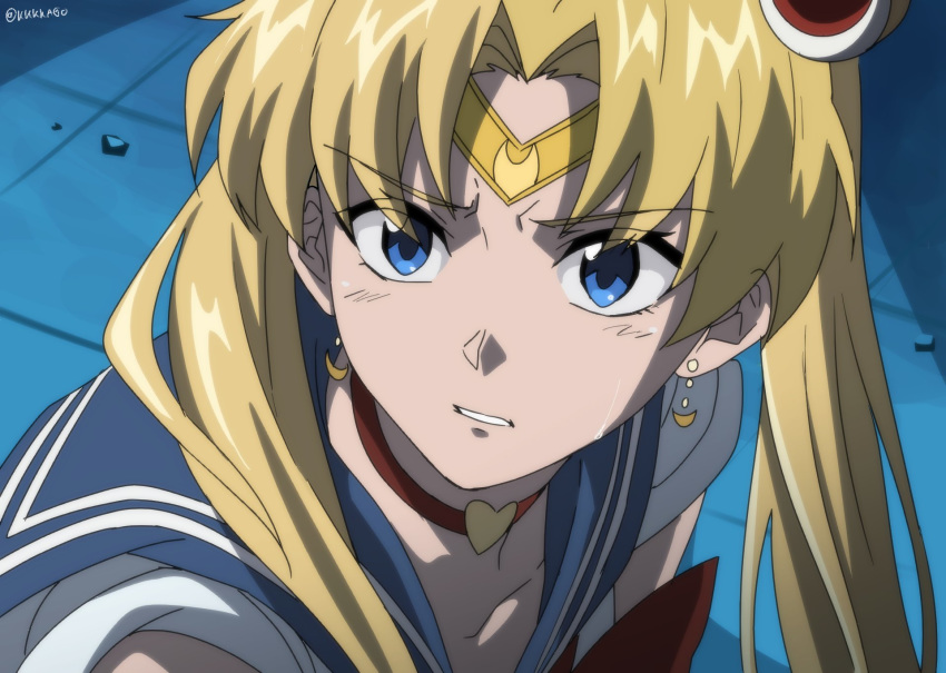 1girl anime_coloring bishoujo_senshi_sailor_moon blonde_hair blue_eyes blue_sailor_collar collarbone commentary crescent crescent_earrings derivative_work earrings english_commentary eyebrows_visible_through_hair eyes_visible_through_hair hair_bun heart highres jewelry kkkkago sailor_collar sailor_moon sailor_moon_redraw_challenge sailor_senshi sailor_senshi_uniform screencap_redraw solo symbol_commentary tiara tsukino_usagi twintails twitter_username upper_body