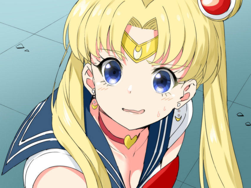 1girl bangs bishoujo_senshi_sailor_moon blonde_hair blue_eyes blue_sailor_collar choker collarbone commentary crescent crescent_earrings derivative_work double_bun earrings eyebrows_visible_through_hair heart heart_choker jewelry long_hair meme parted_bangs parted_lips red_choker sailor_collar sailor_moon sailor_moon_redraw_challenge sailor_senshi sailor_senshi_uniform screencap_redraw short_sleeves sky_(freedom) solo sweatdrop tiara tile_floor tiles tsukino_usagi twintails