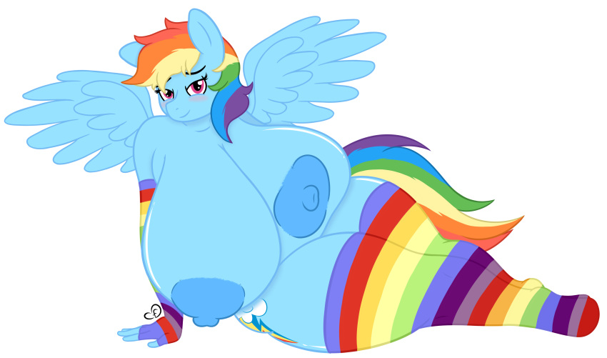 absurd_res alpha_channel anthro anthrofied big_breasts blue_body blush breasts clothing cogsfixmore equid equine female friendship_is_magic hi_res huge_breasts hyper hyper_breasts legwear looking_at_viewer mammal mostly_nude my_little_pony nipples pegasus rainbow_dash_(mlp) simple_background solo thick_thighs thigh_highs wings