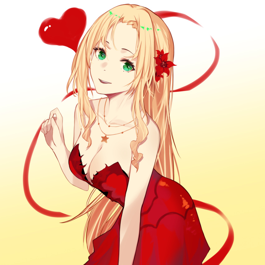 1girl aerith_gainsborough blonde_hair breasts cleavage collarbone dress final_fantasy flower green_eyes hair_flower hair_ornament highres jewelry long_hair looking_at_viewer medium_breasts necklace open_mouth red_dress smile solo star star_necklace talnory yellow_background