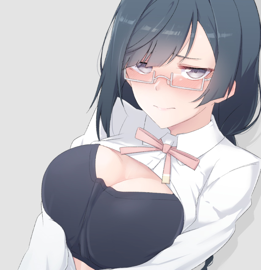 1girl black_bra black_hair blush bra braid breasts cleavage closed_mouth commentary_request glasses grey_background grey_eyes jitome large_breasts looking_at_viewer love_live! love_live!_school_idol_festival_all_stars nasuno_(nasuno42) nose_blush perfect_dream_project pink_ribbon ribbon semi-rimless_eyewear shrug_(clothing) simple_background single_braid solo under-rim_eyewear underwear upper_body white-framed_eyewear yuuki_setsuna_(love_live!)