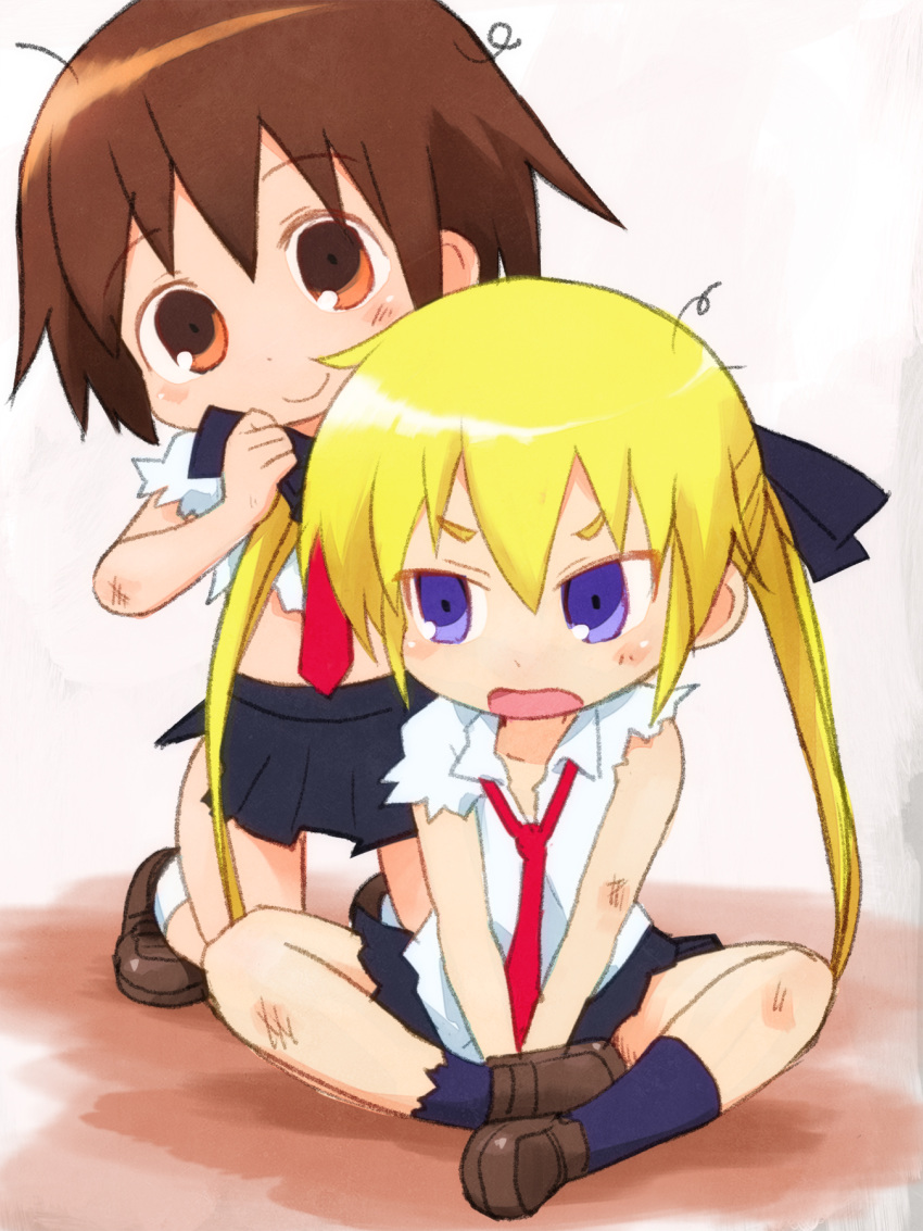 2girls between_legs black_skirt blonde_hair brown_eyes brown_footwear brown_hair hair_ribbon hairdressing hand_between_legs highres indian_style kill_me_baby loafers long_hair loose_necktie multiple_girls navy_blue_legwear necktie oribe_yasuna purple_eyes red_neckwear ribbon sat-c school_uniform scrape shoes short_hair sitting skirt smile socks sonya_(kill_me_baby) torn_clothes twintails tying_hair v-shaped_eyebrows