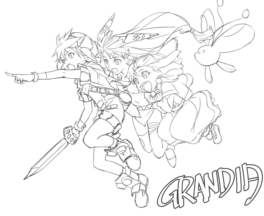 1boy 2girls :d :o absurdres copyright_name creature dress feena_(grandia) fingerless_gloves floating_hair friends full_body gloves grandia grandia_i hair_ornament hat highres holding holding_sword holding_weapon index_finger_raised jumping justin_(grandia) kurita_shin'ichi lineart long_hair low-tied_long_hair monochrome multiple_girls open_mouth outstretched_arm puui_(grandia) simple_background smile sue_(grandia) sword teeth thighhighs torn_clothes torn_legwear weapon white_background