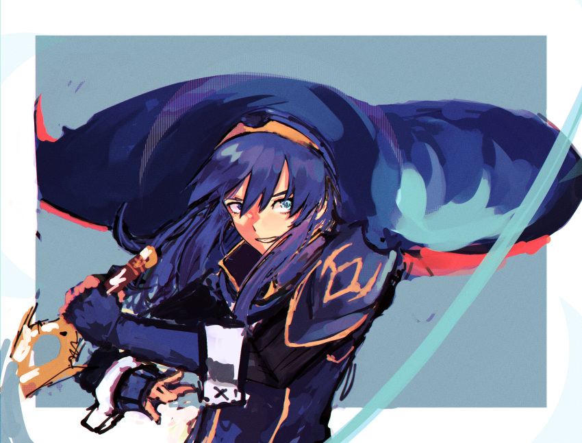 1girl blue_eyes blue_hair cape fire_emblem fire_emblem_awakening highres holding holding_sword holding_weapon looking_to_the_side looking_up lucina_(fire_emblem) mpka_yt slashing solo sword weapon