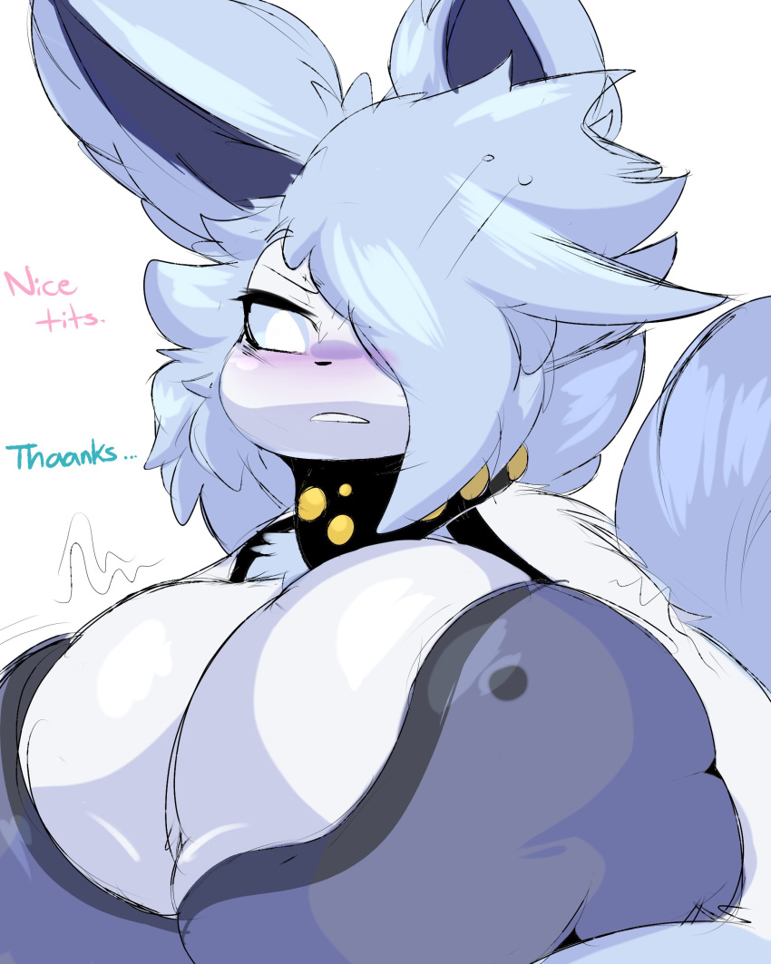 2020 4:5 absurd_res anthro big_breasts blue_hair blue_sclera blush breasts canid canine clothed clothing dialogue english_text female fox front_view fur gynomorph_(lore) hair hi_res looking_at_viewer mammal motion_lines simple_background solo text uromatsu white_background white_body white_eyes white_fur