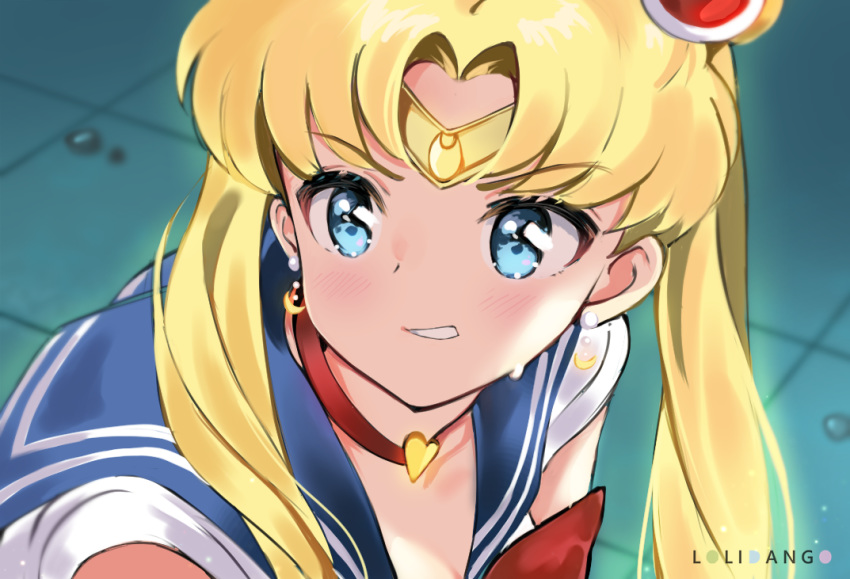 1girl artist_name bishoujo_senshi_sailor_moon blonde_hair blue_eyes blue_sailor_collar choker crescent crescent_earrings dan_gan derivative_work diadem earrings hair_bun heart heart_choker jewelry long_hair red_choker sailor_collar sailor_moon sailor_moon_redraw_challenge sailor_senshi sailor_senshi_uniform screencap_redraw solo sweatdrop tsukino_usagi twintails upper_body