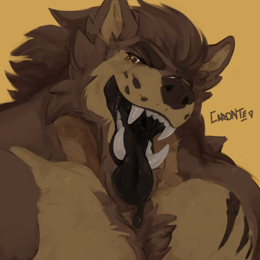 1:1 anthro bodily_fluids brown_body brown_fur canid canine caronte digital_media_(artwork) drooling fangs fluffy fur hi_res licantrox looking_at_viewer male mammal muscular muscular_male open_mouth saliva simple_background solo vore were werecanid werecanine werewolf