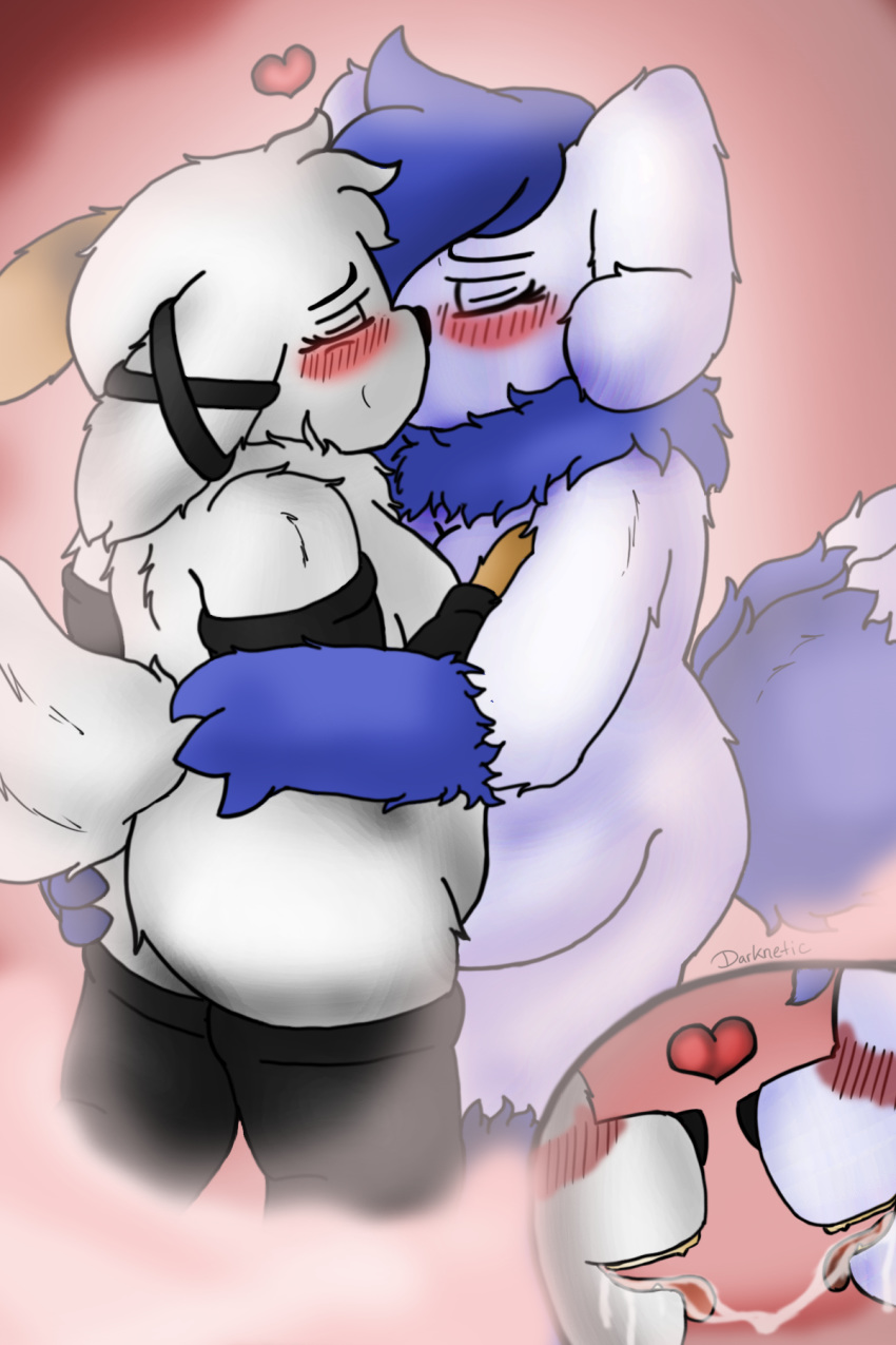 &lt;3 2:3 2_tails amy_the_mystgoose amy_the_zangoose black_clothing black_legwear black_stockings blue_body blue_fur blush bodily_fluids breasts clothing darknetic drooling duo fak&eacute;mon female female/female feral fluffy fog fur hi_res kissing legwear making_out multi_tail mystgoose nintendo own_character pok&eacute;mon pok&eacute;mon_(species) saliva simple_background slightly_chubby standing stockings stocks tonque_kiss video_games white_body white_fur yellow_body yellow_fur zangoose