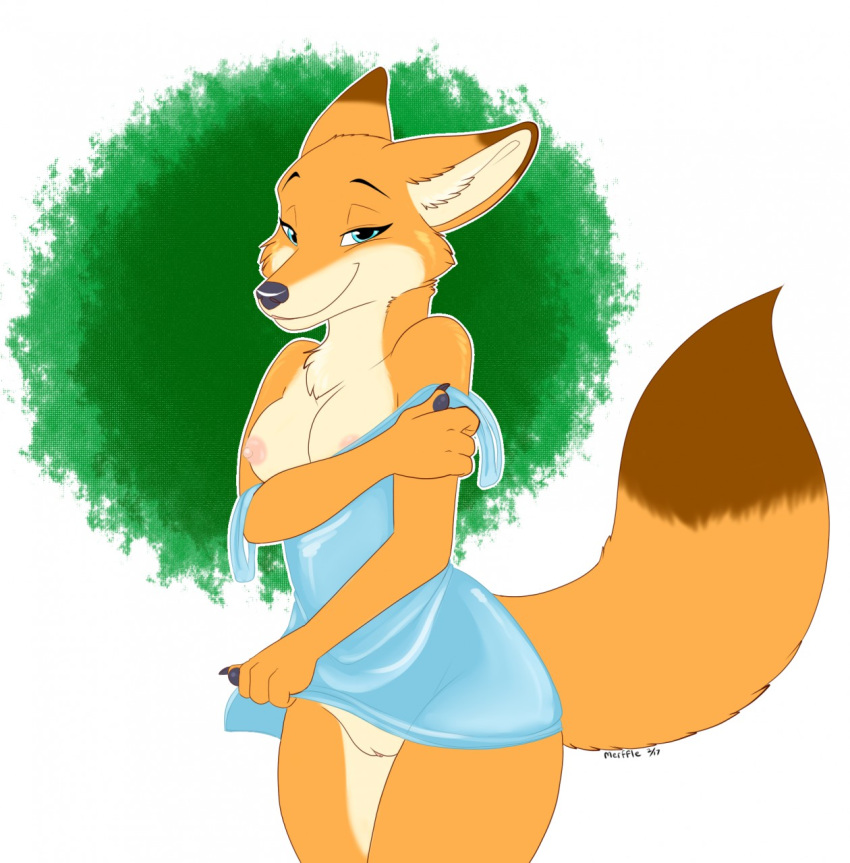 anthro big_tail blue_clothing blue_dress blue_eyes breasts canid canine clothing clothing_lift disney dress dress_lift exposed_breasts eyelashes female fox genitals hi_res holding_arm mammal merffle mrs._wilde pose pussy shrug small_breasts smile solo standing undressing zootopia