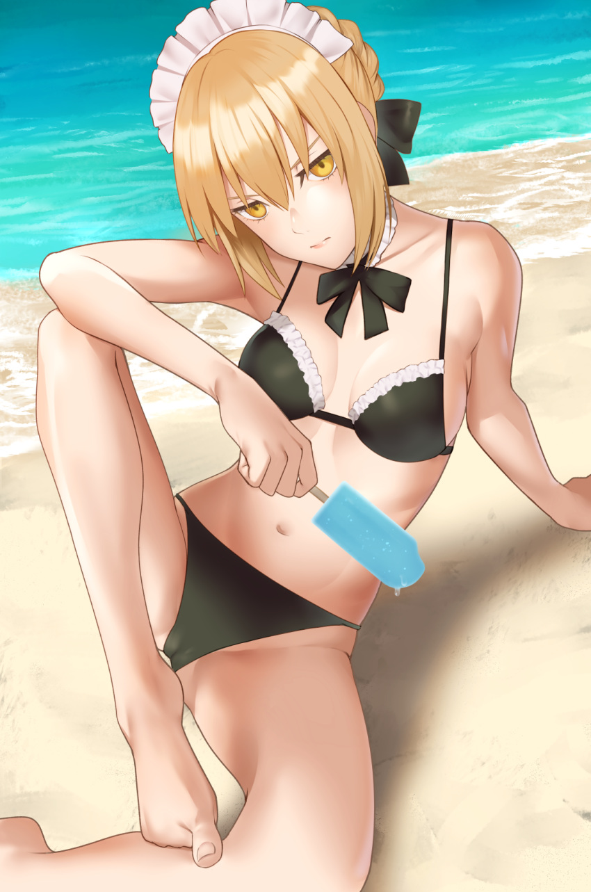 artoria_pendragon_(all) artoria_pendragon_(swimsuit_rider_alter) bikini black_bikini braid choker fate/grand_order fate_(series) food french_braid frilled_bikini frilled_choker frills gothic_lolita highres lolita_fashion maid_bikini popsicle saber saber_alter swimsuit tsuchifumazu yellow_eyes